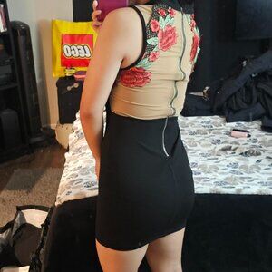 Windsor Black Mini Dress with Rose Embroidered Back Size S